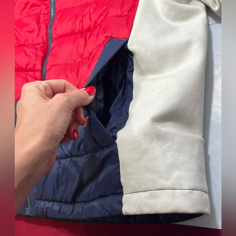 90s TOMMY HILFIGER JACKET Primaloft Red Blue WHITE Quilted Hooded Puffer coat 2X - Picture 8 of 16